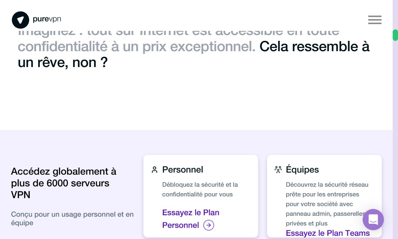 Plans PureVPN Personnel et Équipes — accès à plus de 6000 serveurs VPN
