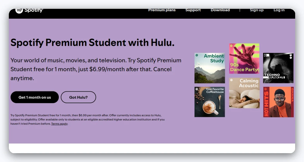 Page officielle Spotify Premium Étudiant avec Hulu : 1 mois offert puis 6,99 $/mois
