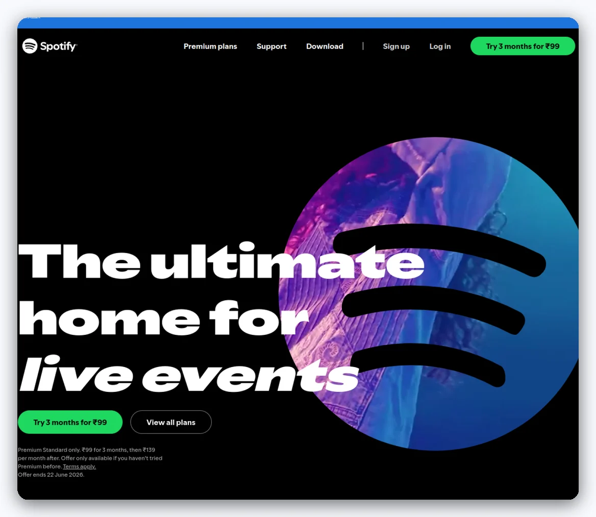 Page Spotify Premium Inde : essai 3 mois à 99 ₹ puis 129 ₹/mois — la base du hack régional