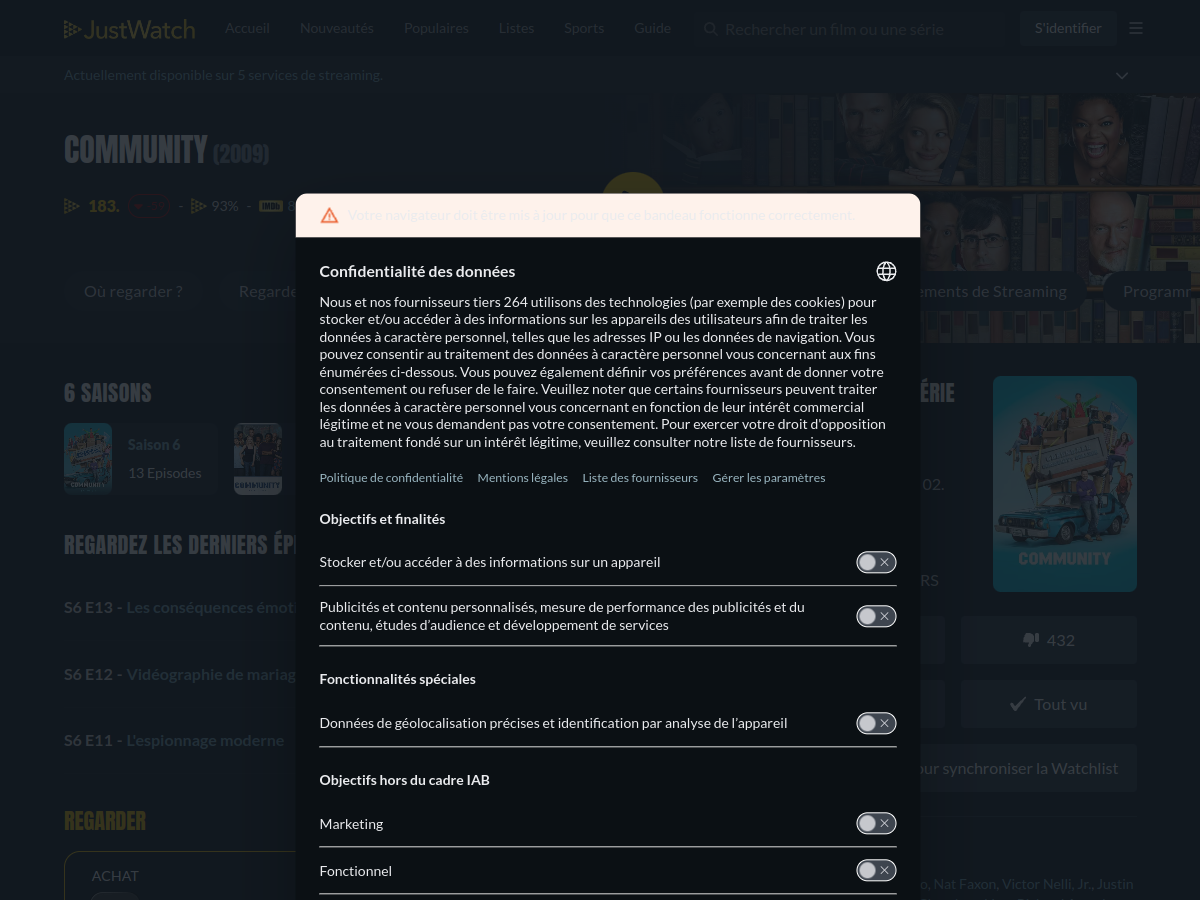 Fiche JustWatch de la série Community (2009) disponible sur Netflix et Apple TV