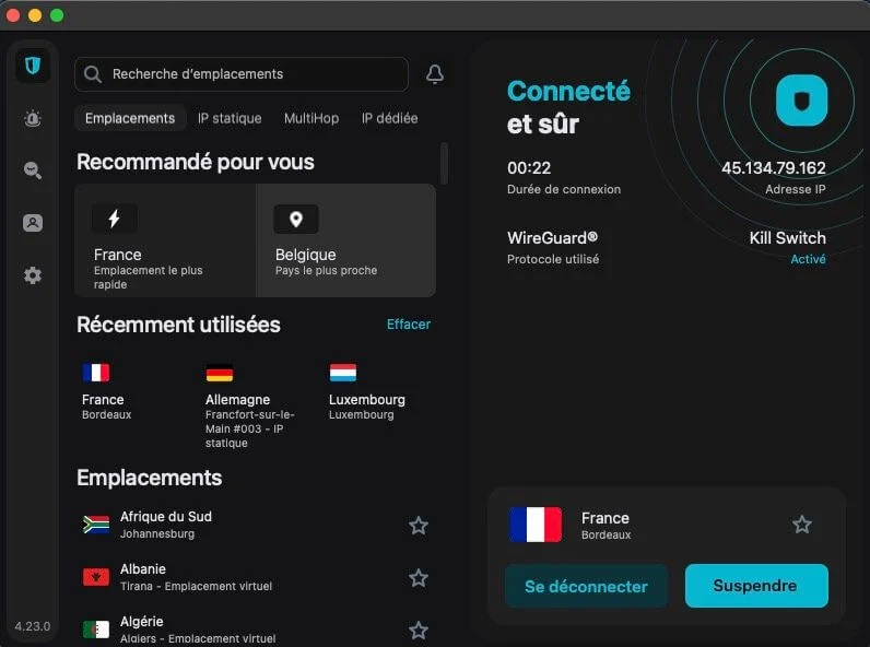 Interface Surfshark sur macOS — apps Recommandé pour vous, Kill Switch activé, audité par Cure53 et Deloitte