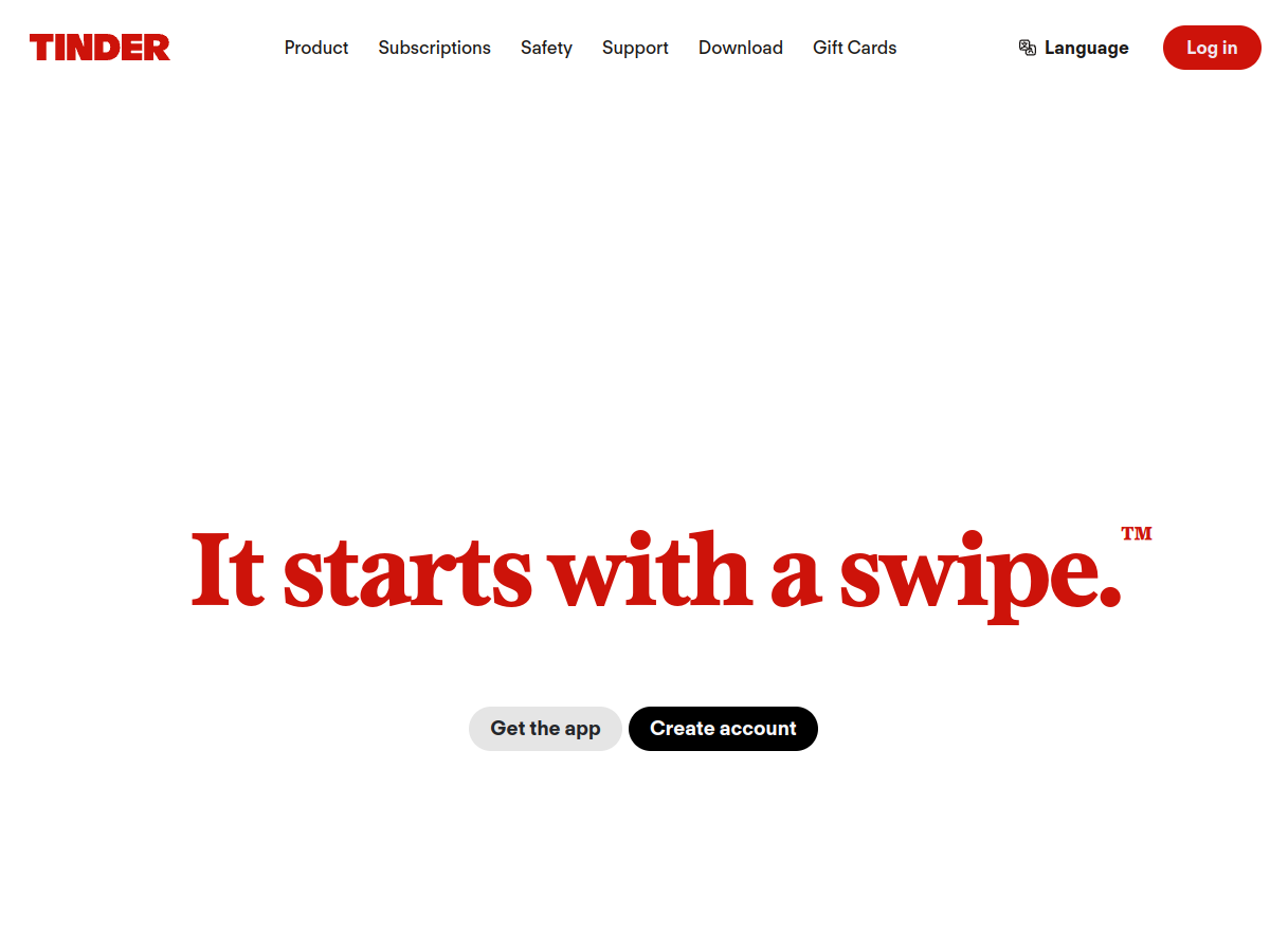 Tinder Web on tinder.com (screenshot taken July 17, 2026): the site works fully in a browser, with a "Gift Cards" entry right in the menu