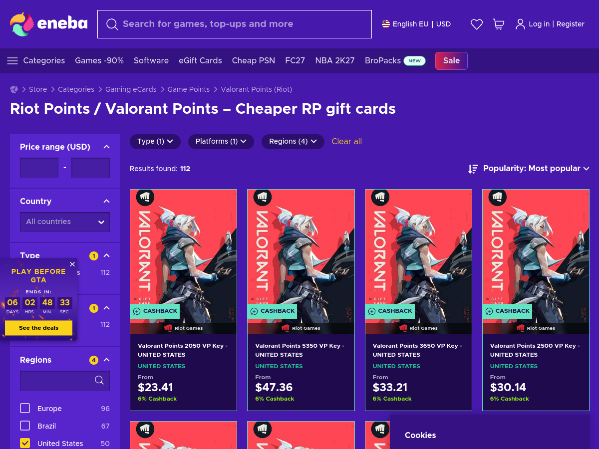 Eneba's store page listing Valorant Points (Riot Points) by tier, filtered here to the United States region: 2050 VP from $23.41, 3650 VP from $33.21, with a cashback program (screenshot taken September 8, 2026)