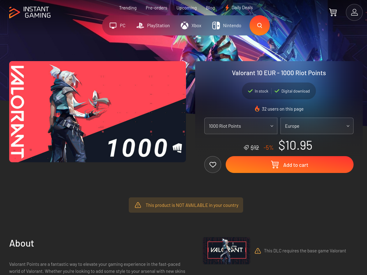 Instant Gaming's product page for 1000 Riot Points, Europe region: $10.95 instead of $12 (-5%), with the site's own warning "This product is NOT AVAILABLE in your country" (screenshot taken September 8, 2026)