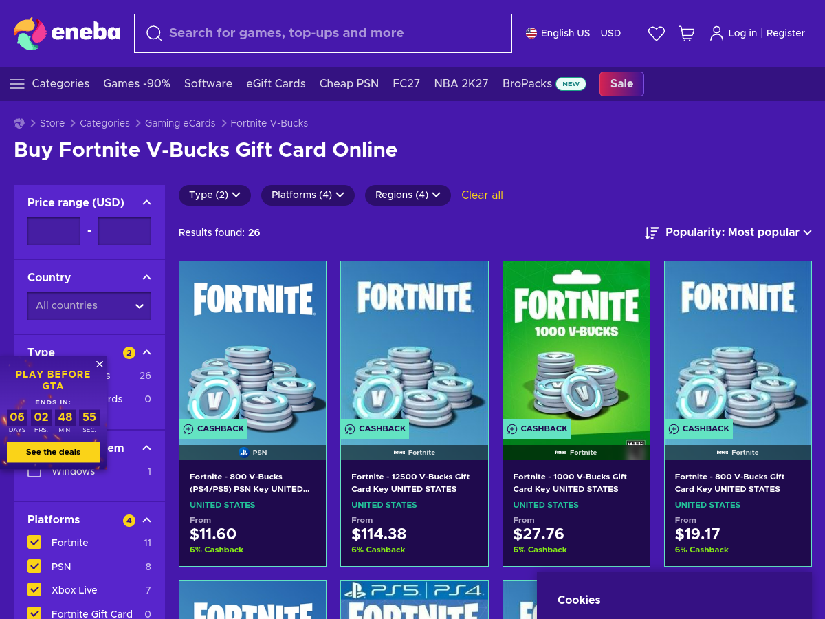 Page Eneba de vente de cartes V-Bucks Fortnite (capture du 8 septembre 2026) : prix affichés de 11,60 $ pour 800 V-Bucks (clé PSN) à plus de 114 $ pour le pack 12 500 V-Bucks