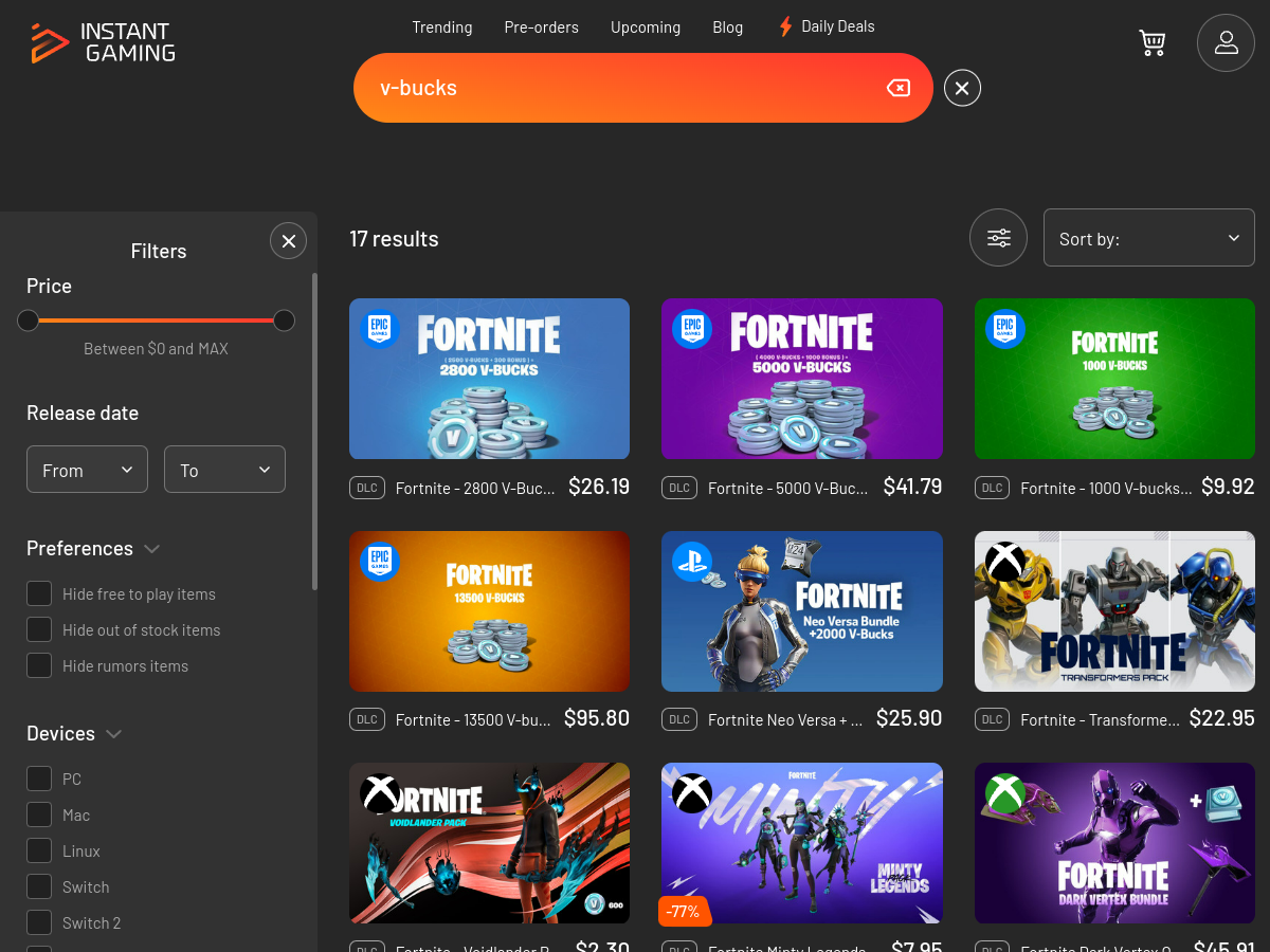 Résultats de recherche « v-bucks » sur Instant Gaming (capture du 8 septembre 2026) : packs de 1 000 à 13 500 V-Bucks affichés de 9,92 $ à 95,80 $, tous proches du prix officiel Epic