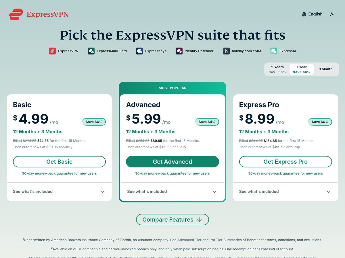 ExpressVPN pricing page (screenshot of October 18, 2026 taken from a US IP address, prices in dollars): 2-year plans, banner “Save up to 80%”, Basic $2.99 a month over 28 months, yearly renewal at $99.95