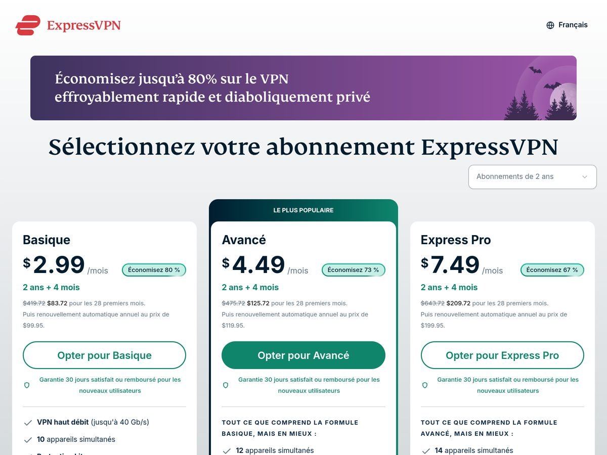 Page de tarification d’ExpressVPN en français (capture du 18 octobre 2026 depuis une adresse IP américaine, prix en dollars) : abonnements de 2 ans, bannière « Économisez jusqu’à 80 % », Basique 2,99 $ par mois sur 28 mois, renouvellement annuel à 99,95 $