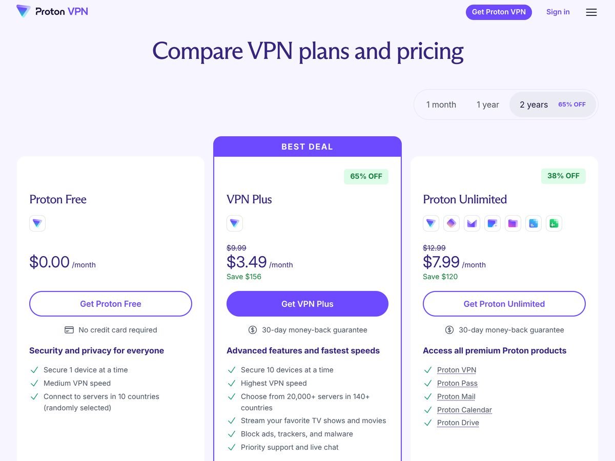 Proton VPN pricing page (screenshot of October 18, 2026 taken from a US IP address, prices in dollars): VPN Plus $3.49 a month on 2 years (65% off, $9.99 crossed out), Proton Unlimited $7.99 a month