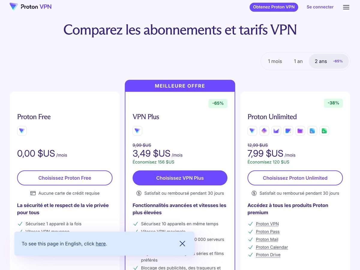 Page de tarification de Proton VPN en français (capture du 18 octobre 2026 depuis une adresse IP américaine, prix en dollars) : VPN Plus 3,49 $ par mois sur 2 ans (-65 %, 9,99 $ barrés), Proton Unlimited 7,99 $ par mois