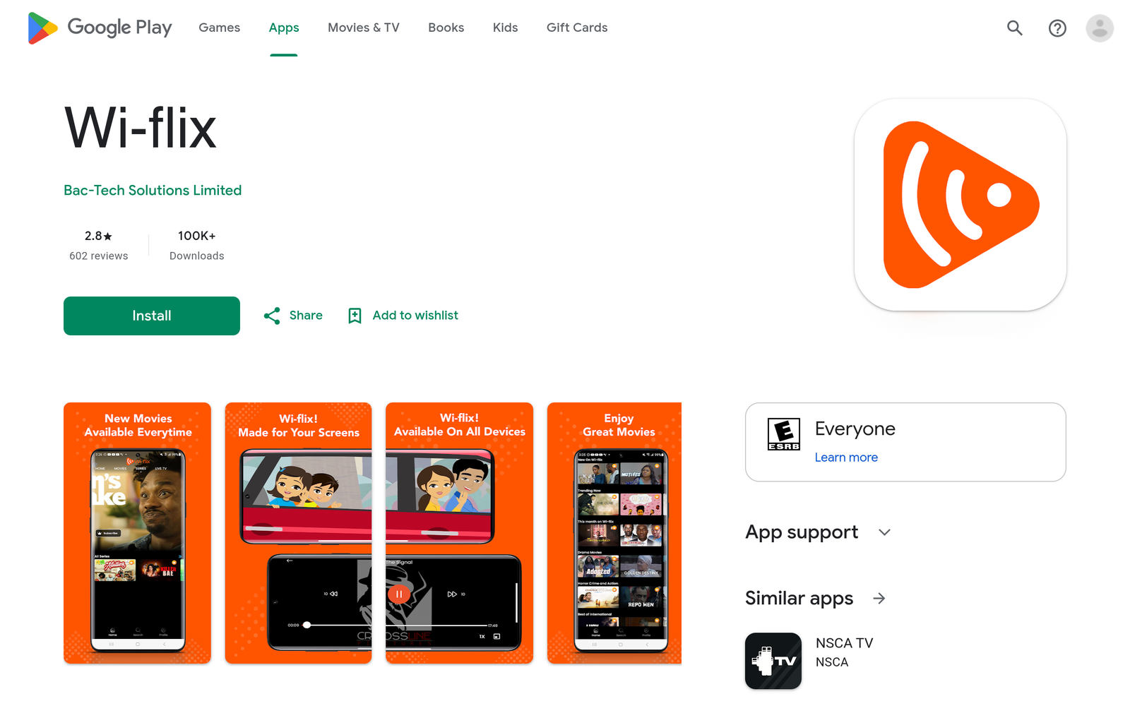 Fiche Google Play de l'application Wi-flix par Bac-Tech Solutions Limited, notée 2,8 sur 5