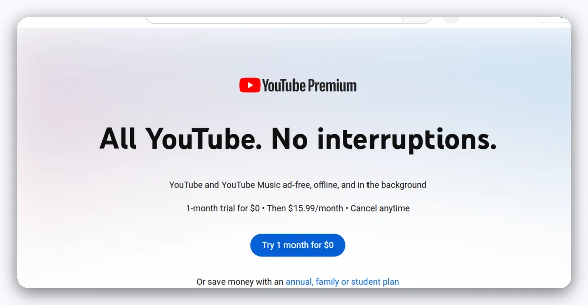 Page officielle YouTube Premium: essai 1 mois à 0 €, puis 15,99 €/mois, avec mention des offres annuelle, famille et étudiant